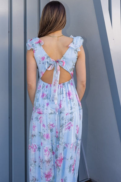 Rosy Chiffon Ruffle Back Dress