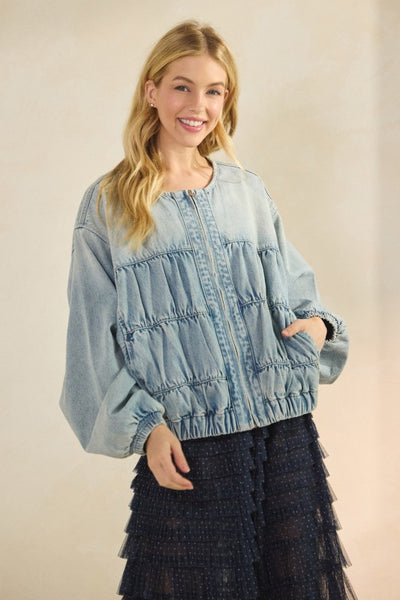 Tiered Ruched Denim Jacket
