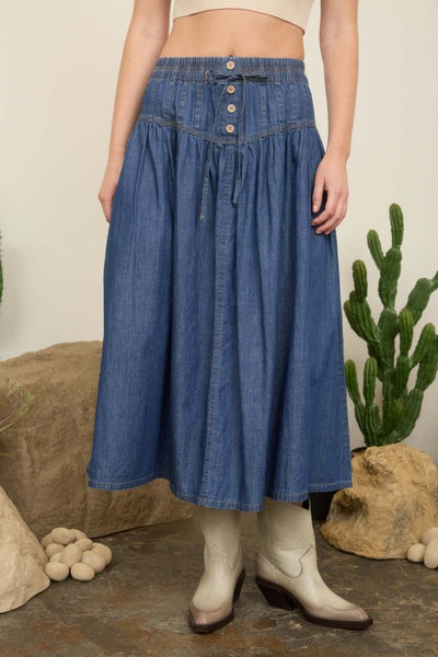 Elastic Denim Maxi Skirt