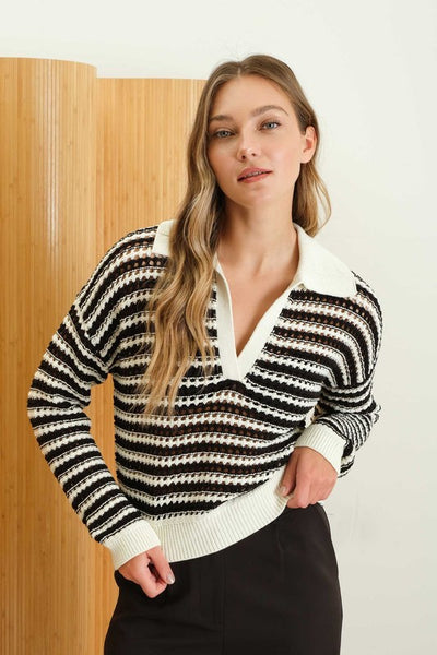 Stripe Collar Crochet Sweater