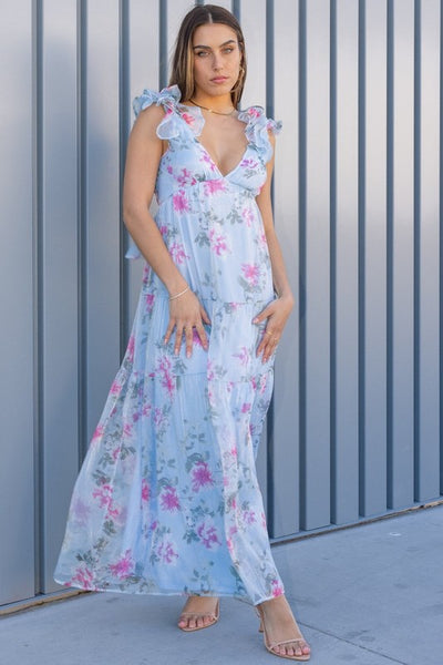 Rosy Chiffon Ruffle Back Dress