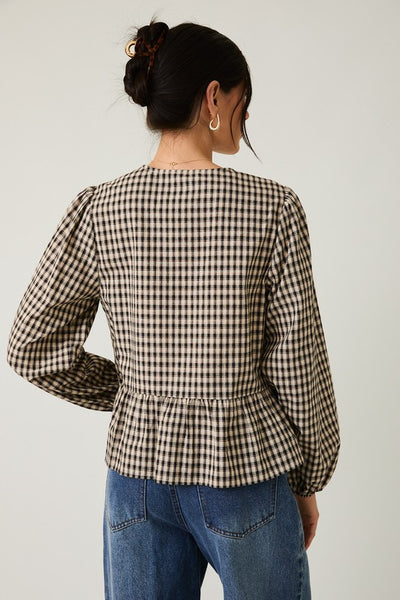 Front Tie Plaid Blouse