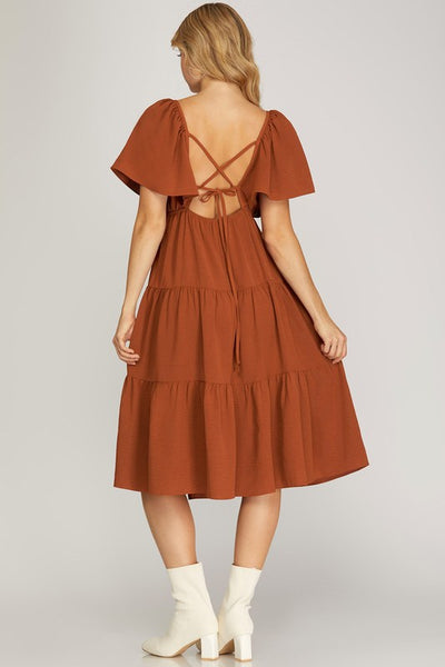 Open Tie Back Flounce Midi Dress