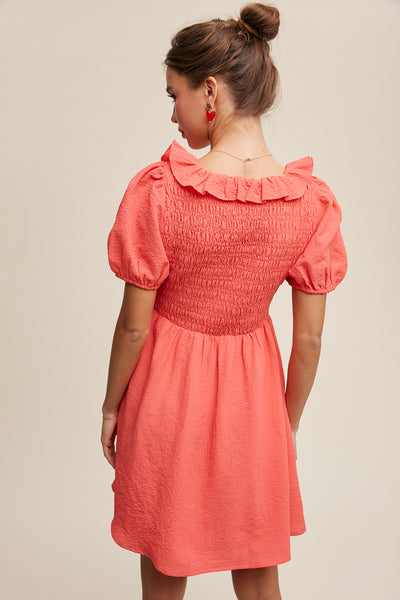 Smocked Puff Sleeve Ruffle Dress