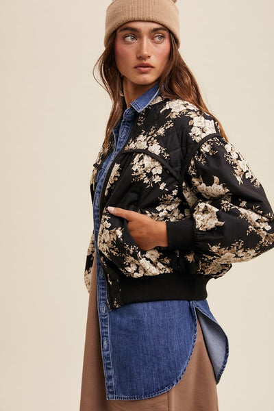 Quilted Floral Print Pleated Jacket