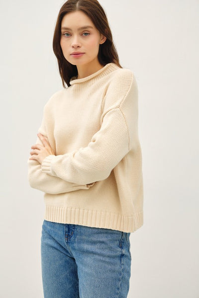 Chunky Raw Edge Mock Neck Sweater