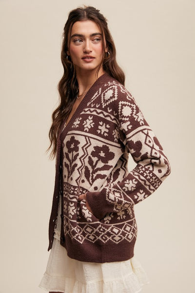 Flower Aztec Patterned Knit Cardigan