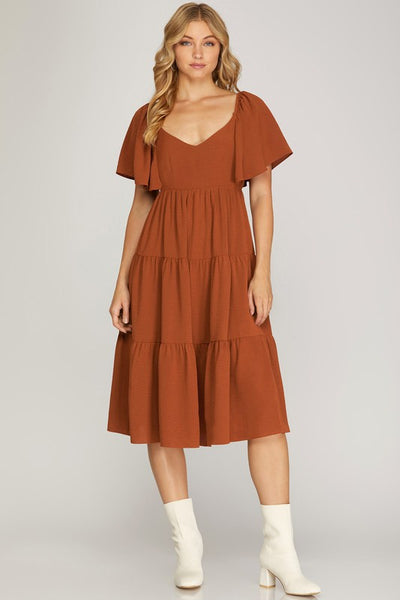 Open Tie Back Flounce Midi Dress