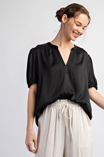 Notched Neck Short Sleeve Blouse Top