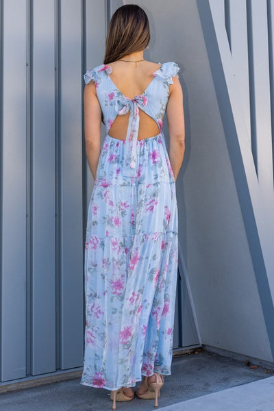 Rosy Chiffon Ruffle Back Dress