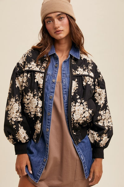 Quilted Floral Print Pleated Jacket