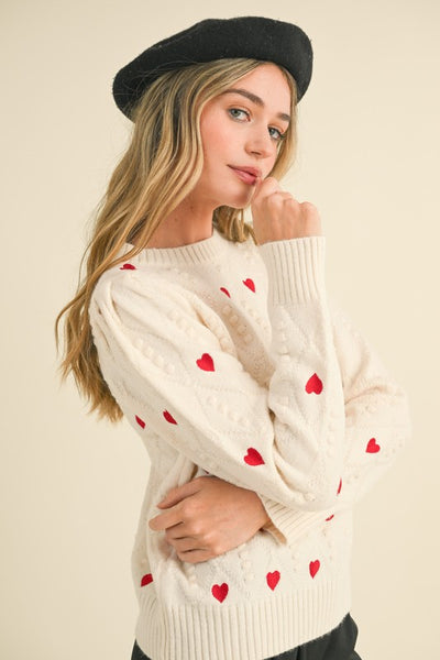 Heart Embroidery Pom Pom Sweater