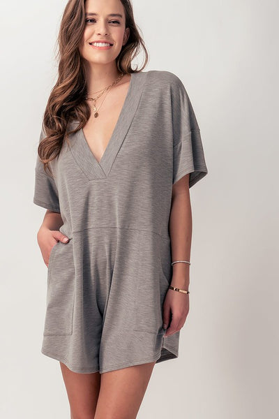 Slub Knit V Neck Romper w/Pockets