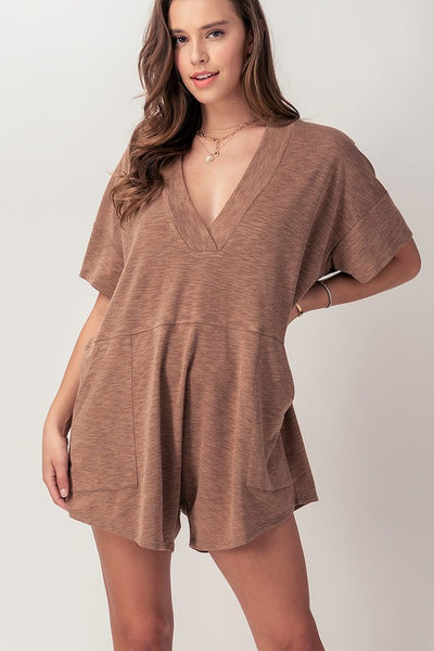 Slub Knit V Neck Romper w/Pockets