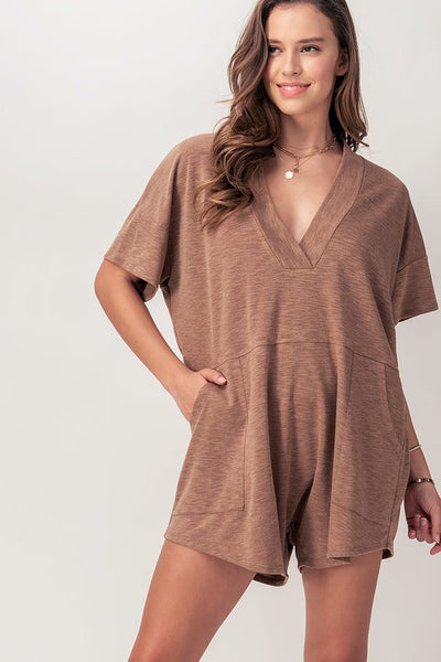 Slub Knit V Neck Romper w/Pockets