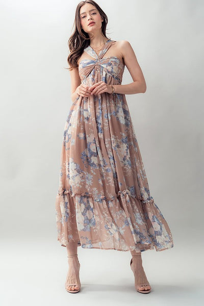 Floral Halter Ruffle Maxi Dress